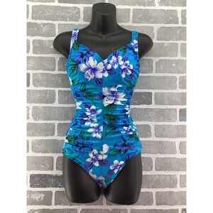Maxine of Hollywood Vintage Floral One Piece Swimsuit Turquoise Blue Ruched 12